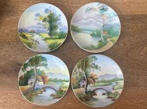 Set of 4 Vintage Ucagco China Hand Painted Japanese Landscape 4-Inch Plates